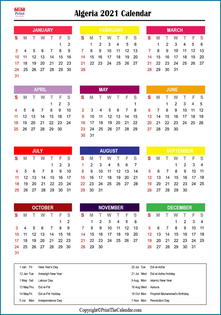 Algeria Printable Calendar 2021